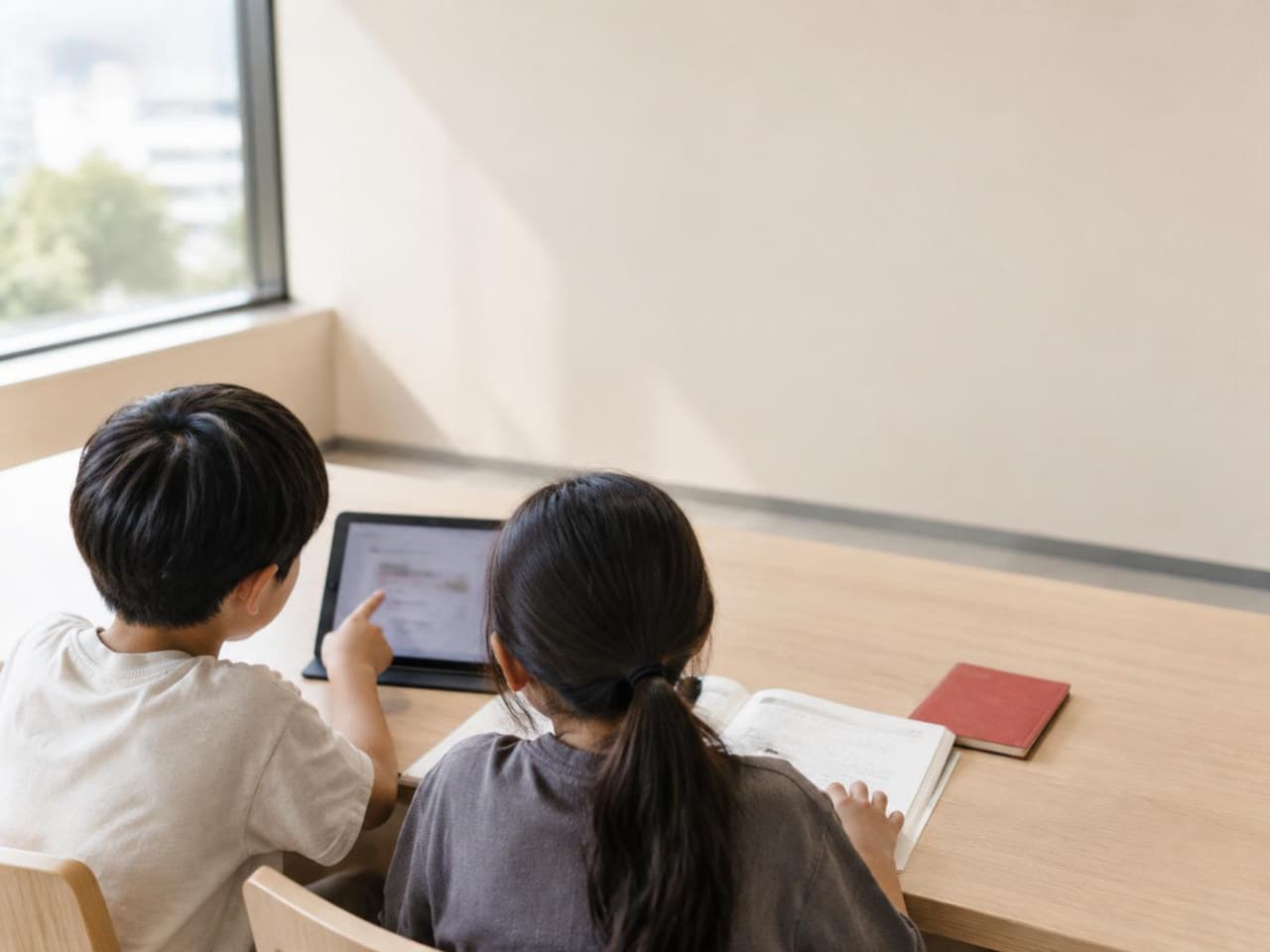 Two children seen from behind, studying together with a tablet and a workbook at a wooden desk